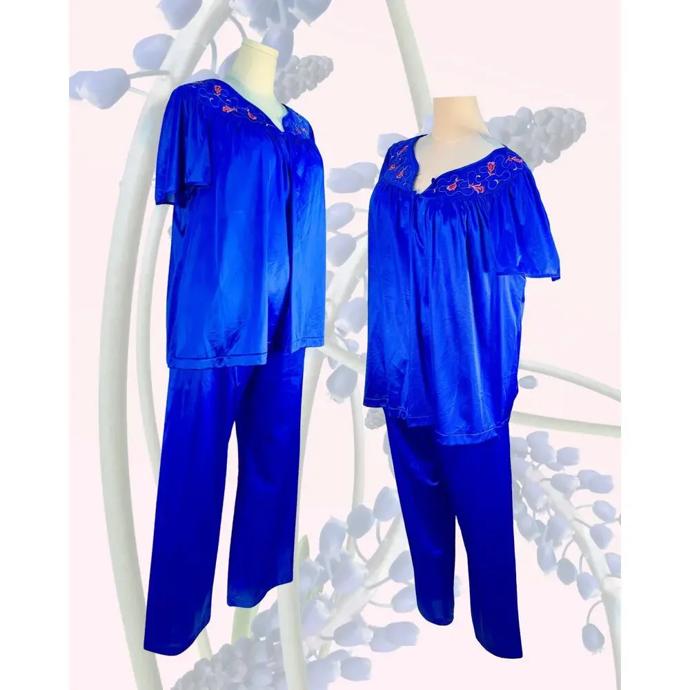 Vintage 70s NWT Vanity Fair Royal Blue Pink Floral Embroidered Pajama Set Size M